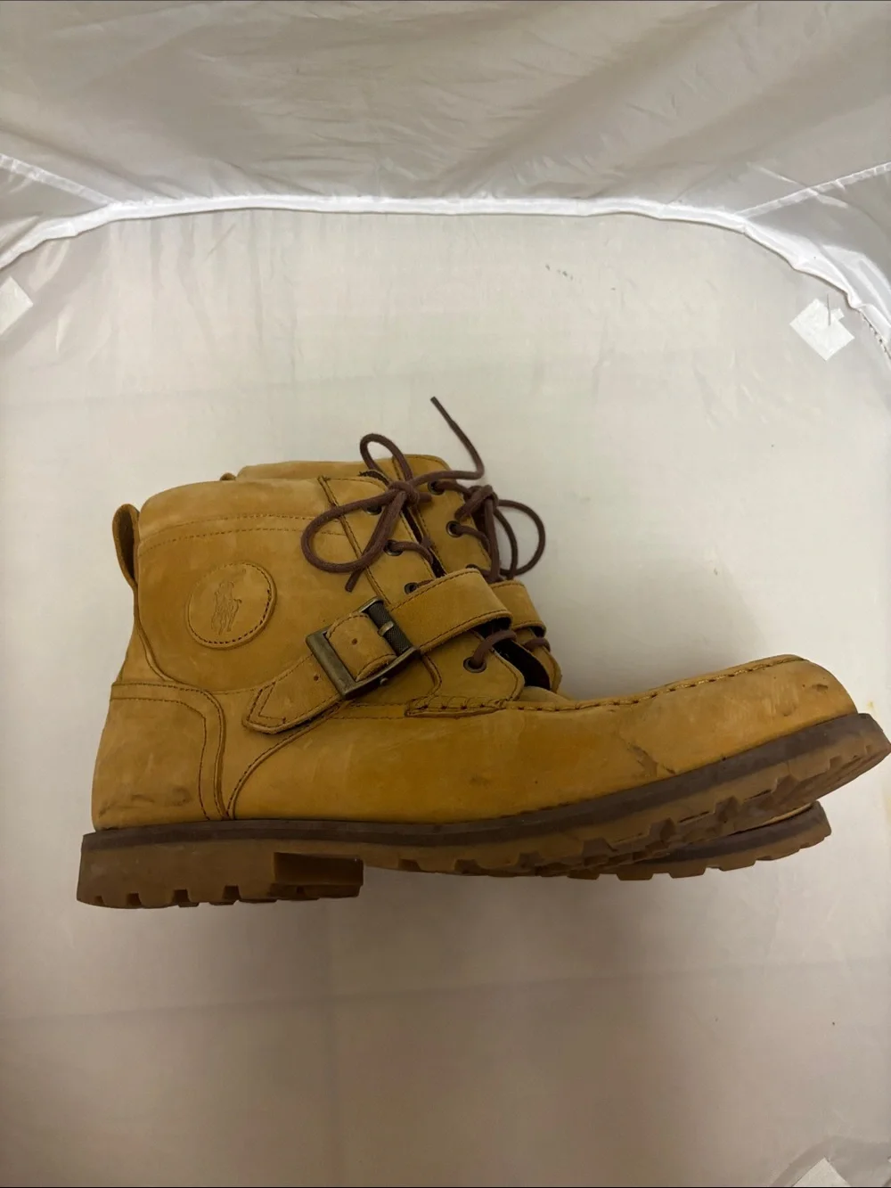 Polo Ralph Lauren Ankle Boots Tan Leather Laceup Buckle Straps Sz 11D Men’s